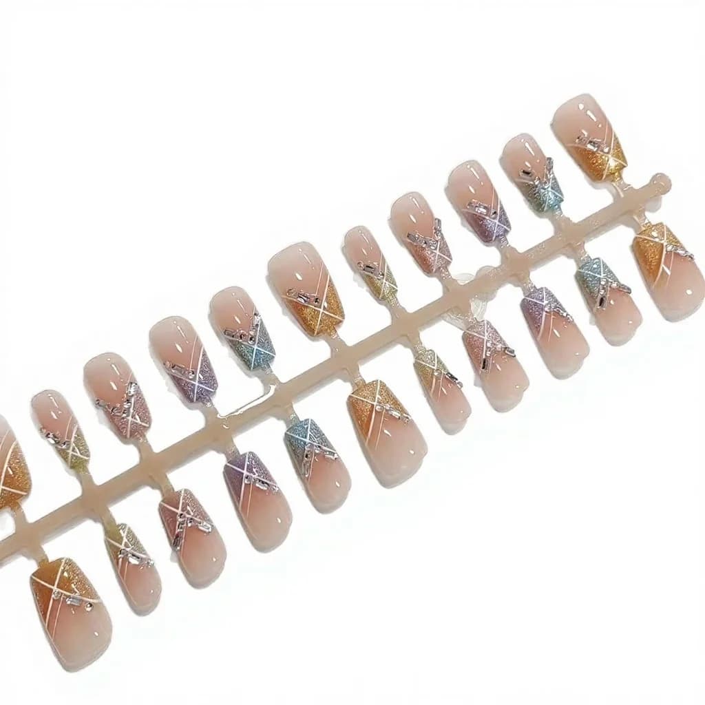 ציפורניים מלאכותיות Candy Party, מרובע קצר, Cat Eye קשת בענן עם אבני חן