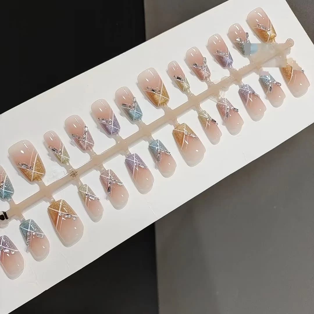 ציפורניים מלאכותיות Candy Party, מרובע קצר, Cat Eye קשת בענן עם אבני חן